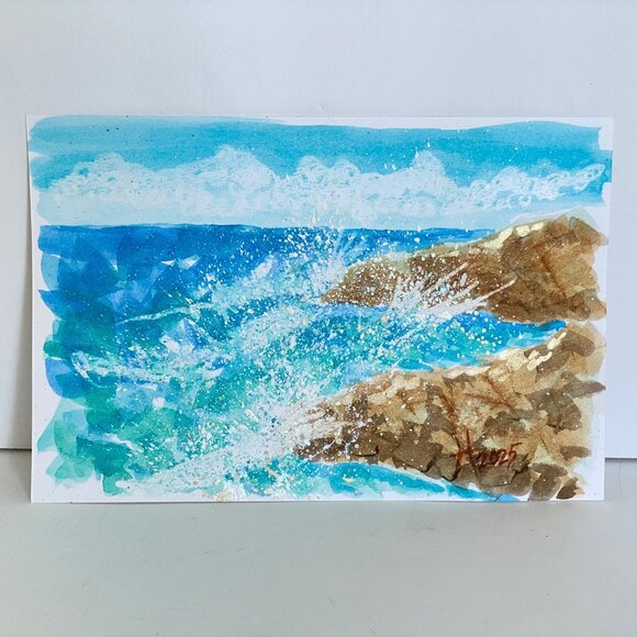 Beach Splash Original Seascape Watercolor Painting Matted Frame Ready 8x10in Mat - Picture 4 of 5
